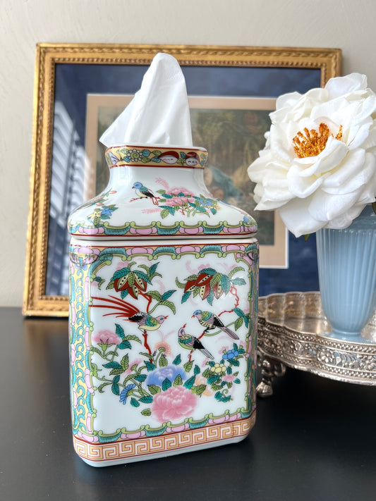 Rose Medallion Style Porcelain Tissue Box Cover - Chinoiserie Style
