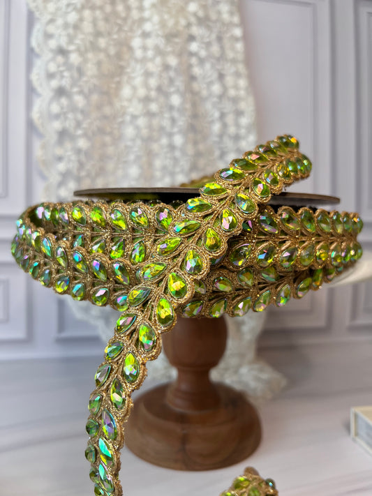 Aurora Borealis Jeweled Wired Ribbon – Lime Green & Gold Designer Trim, 1 Inch, 5 Yards