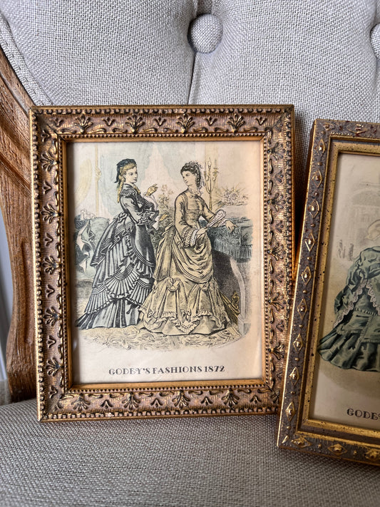 Vintage Godey’s Fashions 1872 Framed Prints Set of 2 | Victorian Fashion Miniatures | Ornate Gold Frames