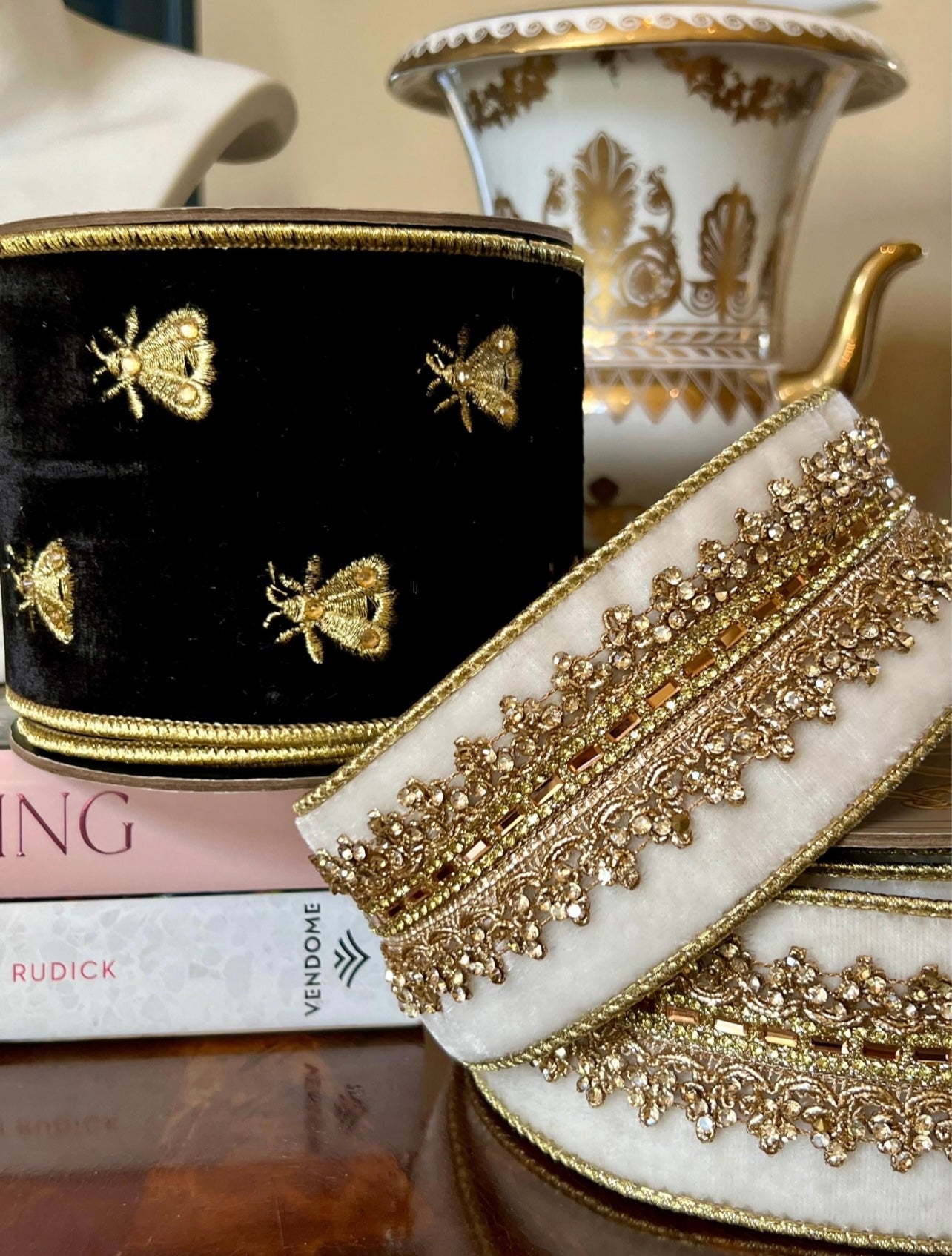Napoleon Noir Velvet Ribbon- Gold Embroidered Bees 4" x 5 yards