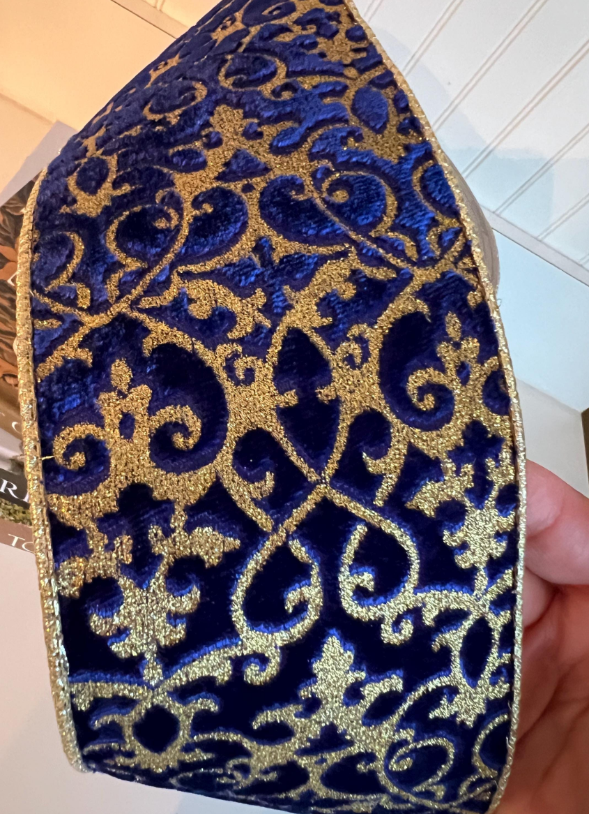 Cobalt Royale Velvet Ribbon - Gold Glitter Scroll 4” x 10 yards