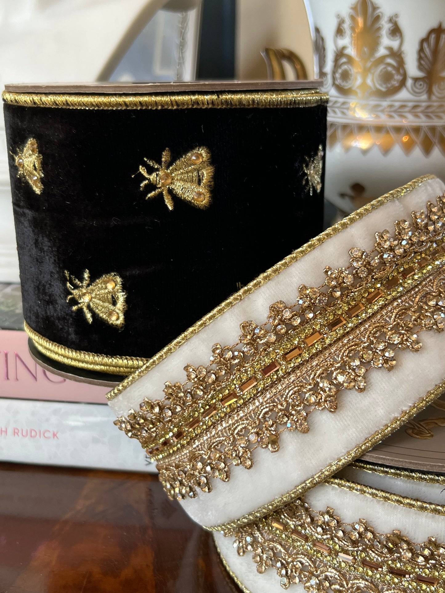 Winter Wonderland Jeweled Velvet Ribbon- Gold Trim - 2.5" x 5 Yards