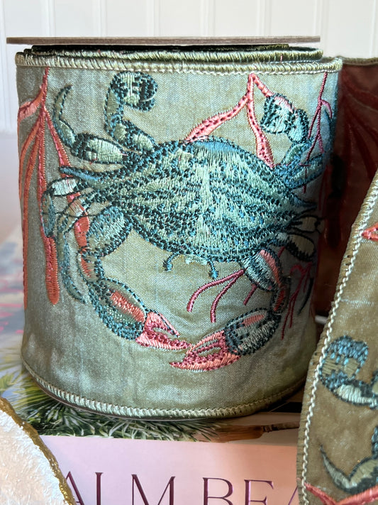 Celadon Coastal Crab Embroidered Dupioni Ribbon (4" x 5 Yards)