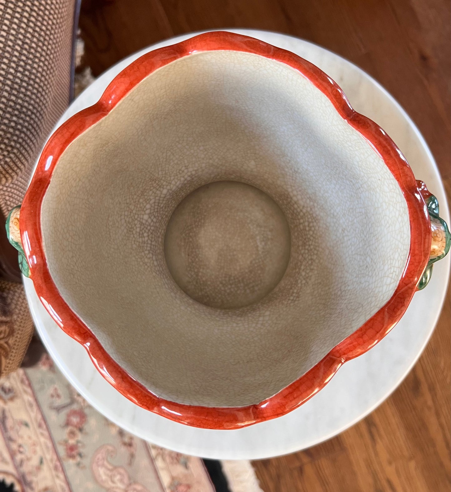 Canton Leaf Chinoiserie Planter – Antiqued Glaze, Crackle Appearance, Figural Fruit Handles