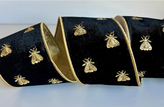 Napoleon Noir Velvet Ribbon- Gold Embroidered Bees 4" x 5 yards