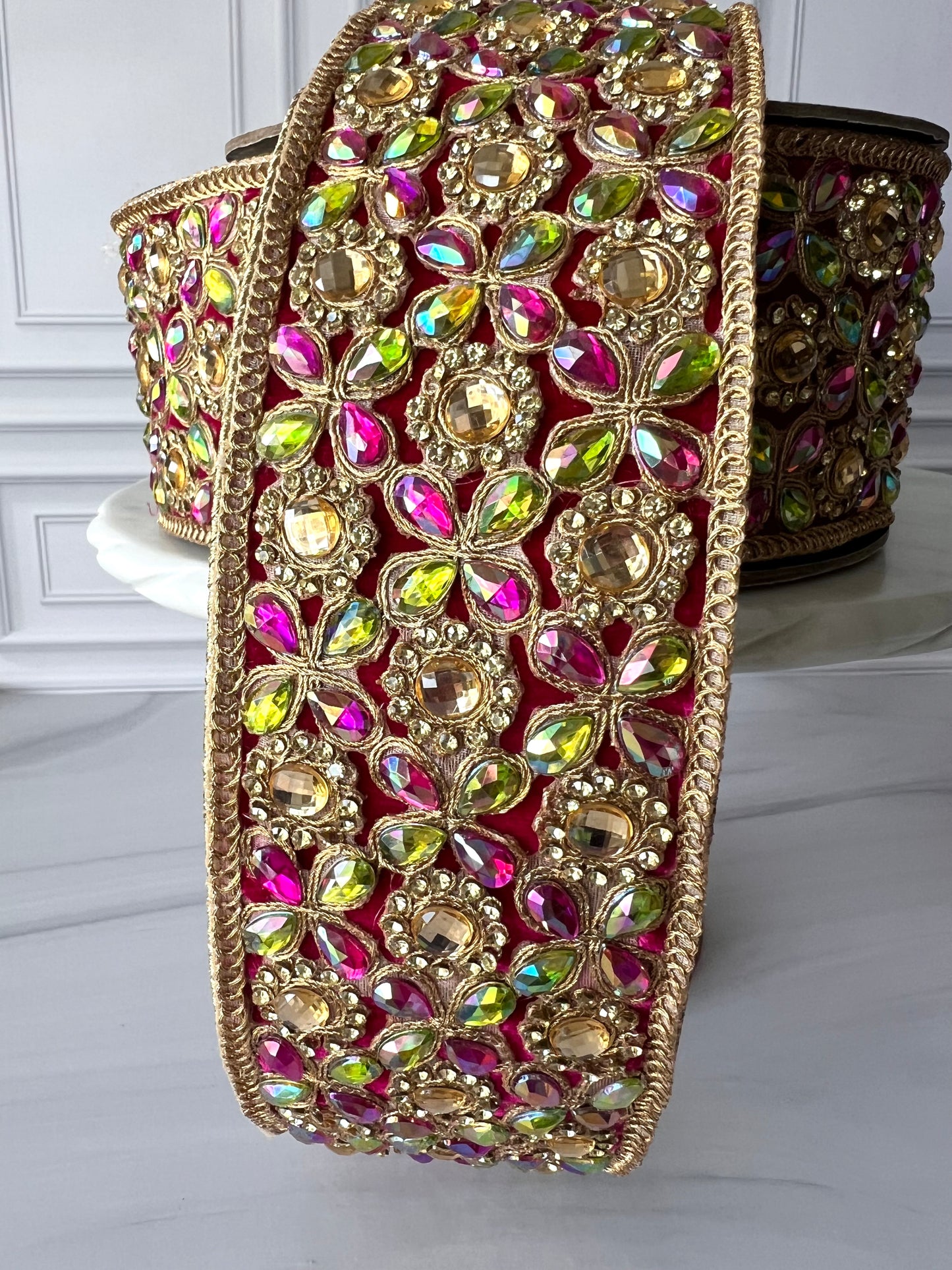 Jeweled Pink, Green & Gold Statement Ribbon – 3” x 5 Yards, Gold Backed
