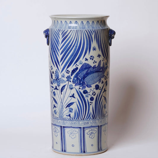 Blue & White Porcelain Koi Fish Umbrella Stand