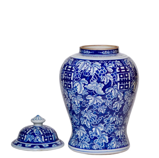 Midnight Blue Porcelain Temple Jar with Grape Vine Motif
