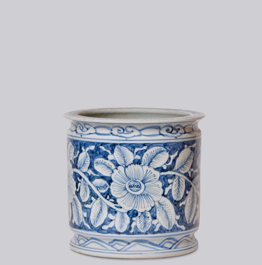 Blue & White Chinoiserie Floral Porcelain Planter Cachepot – 9.5”