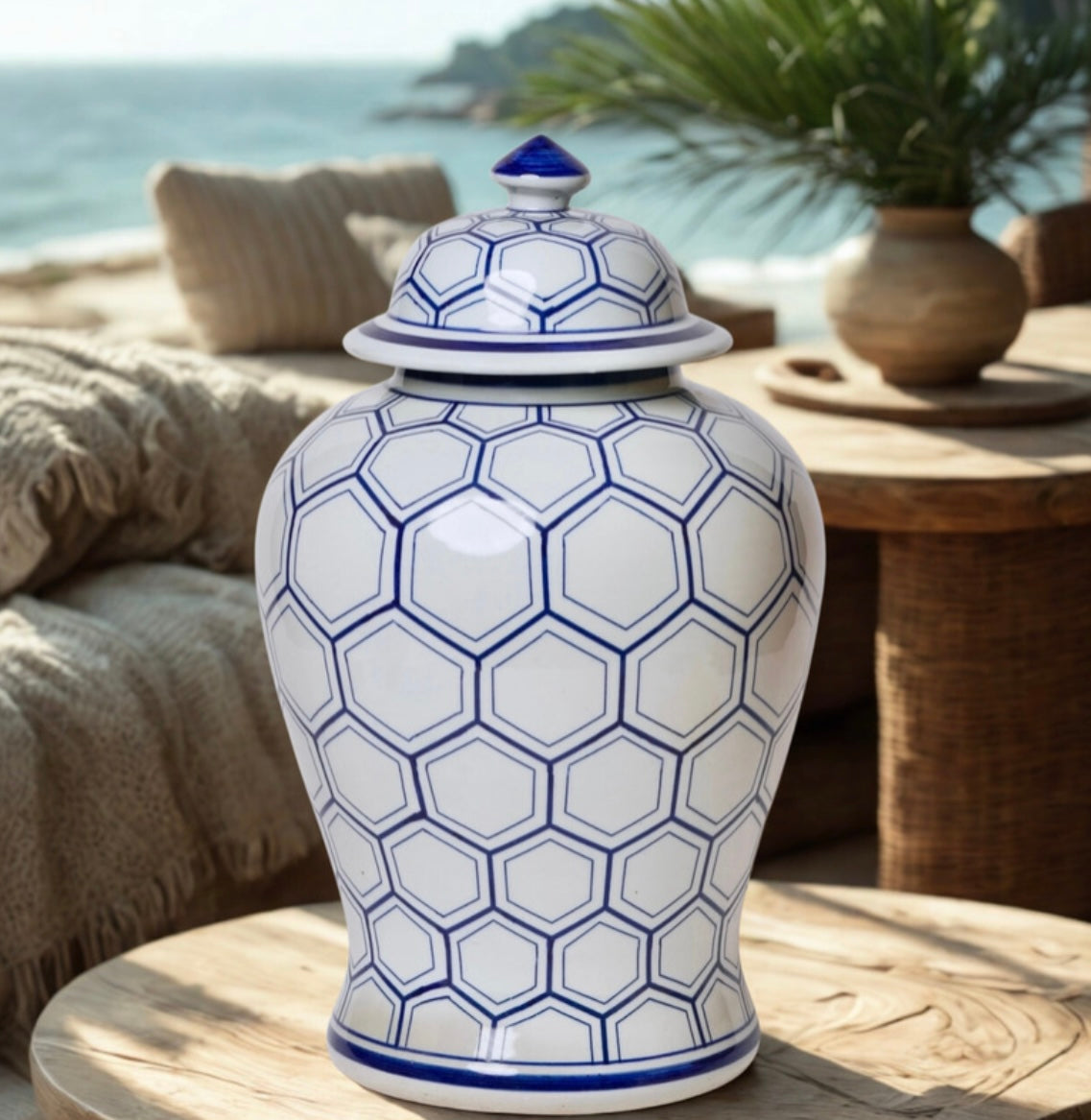 Blue & White Honeycomb Lattice Porcelain Ginger Jar 20” Tall