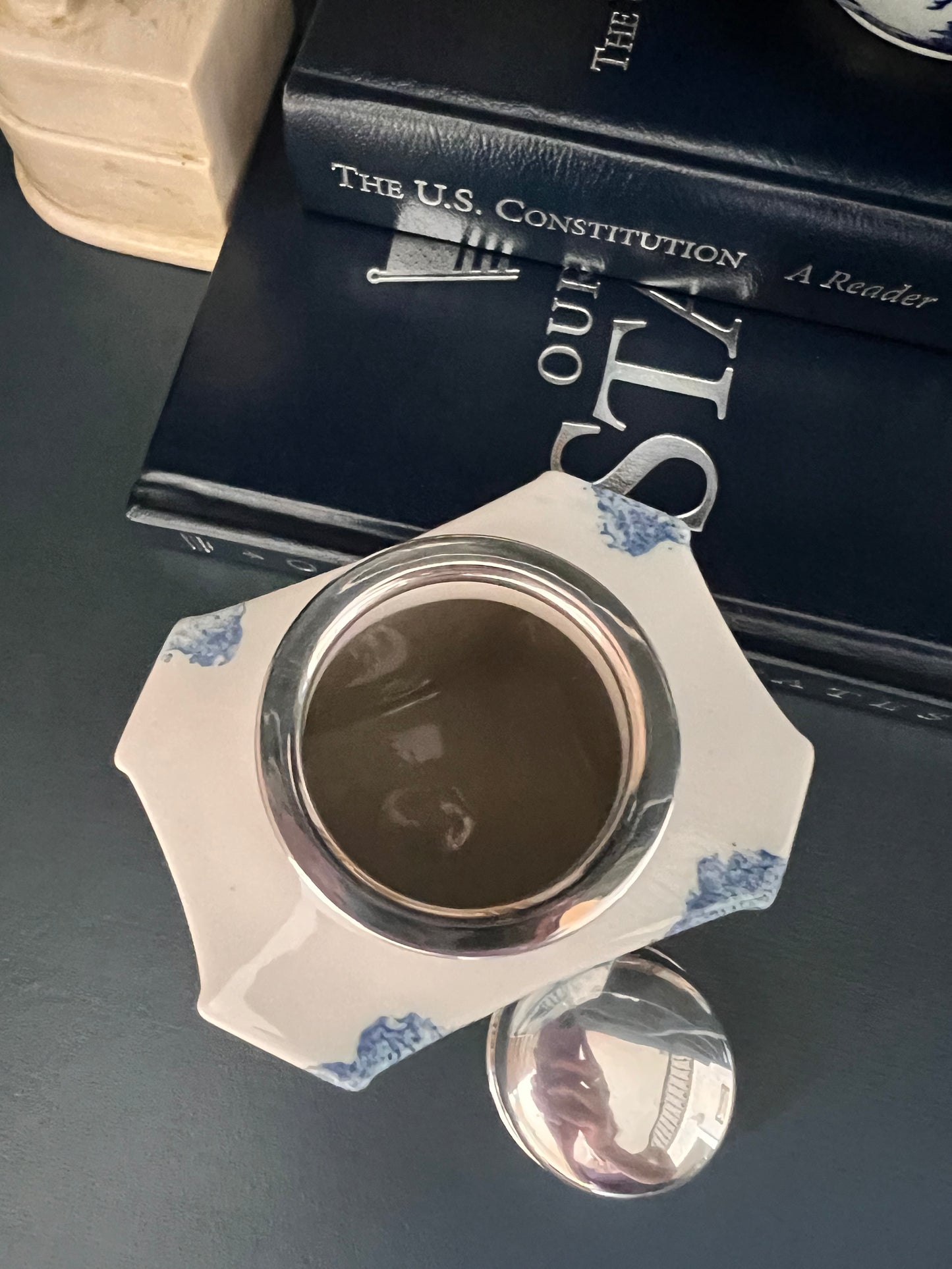 Deborah Sears Isis Ceramics Blue & White Tea Caddy with Silver Lid