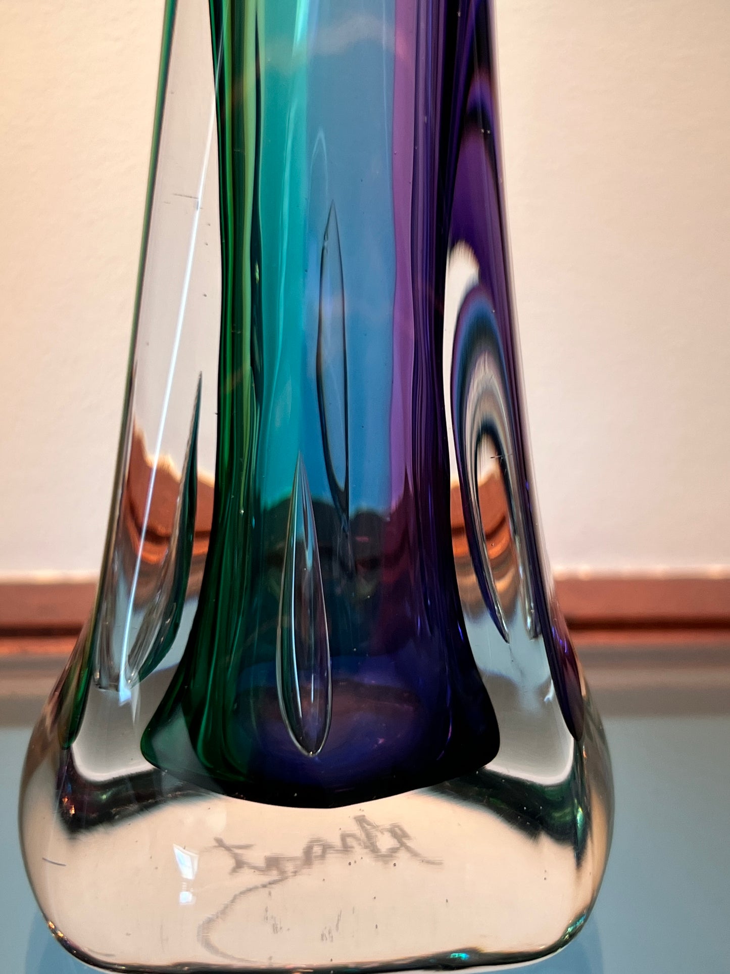 Signed Grant Sommerso Art Glass Bud Vase | 10” Amethyst Blue Green Glass