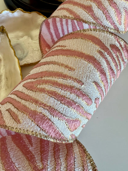 Gilded Safari Stripe Ribbon Rose Pink & Champagne Gold, 4" x 10 Yards