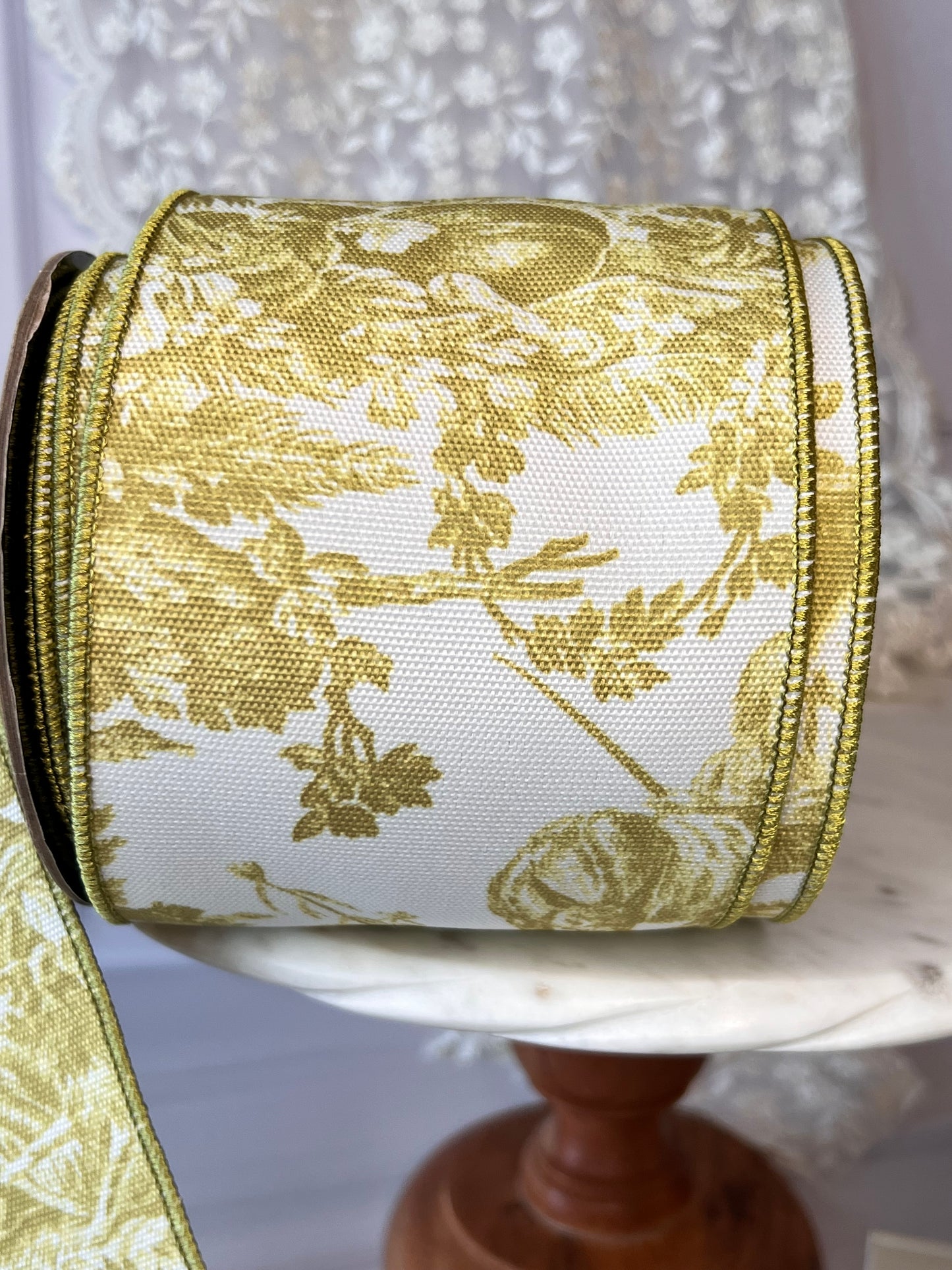 Apple Green Garden Toile Wired Ribbon – 4” Scenic Ribbon, 10 Yard Roll
