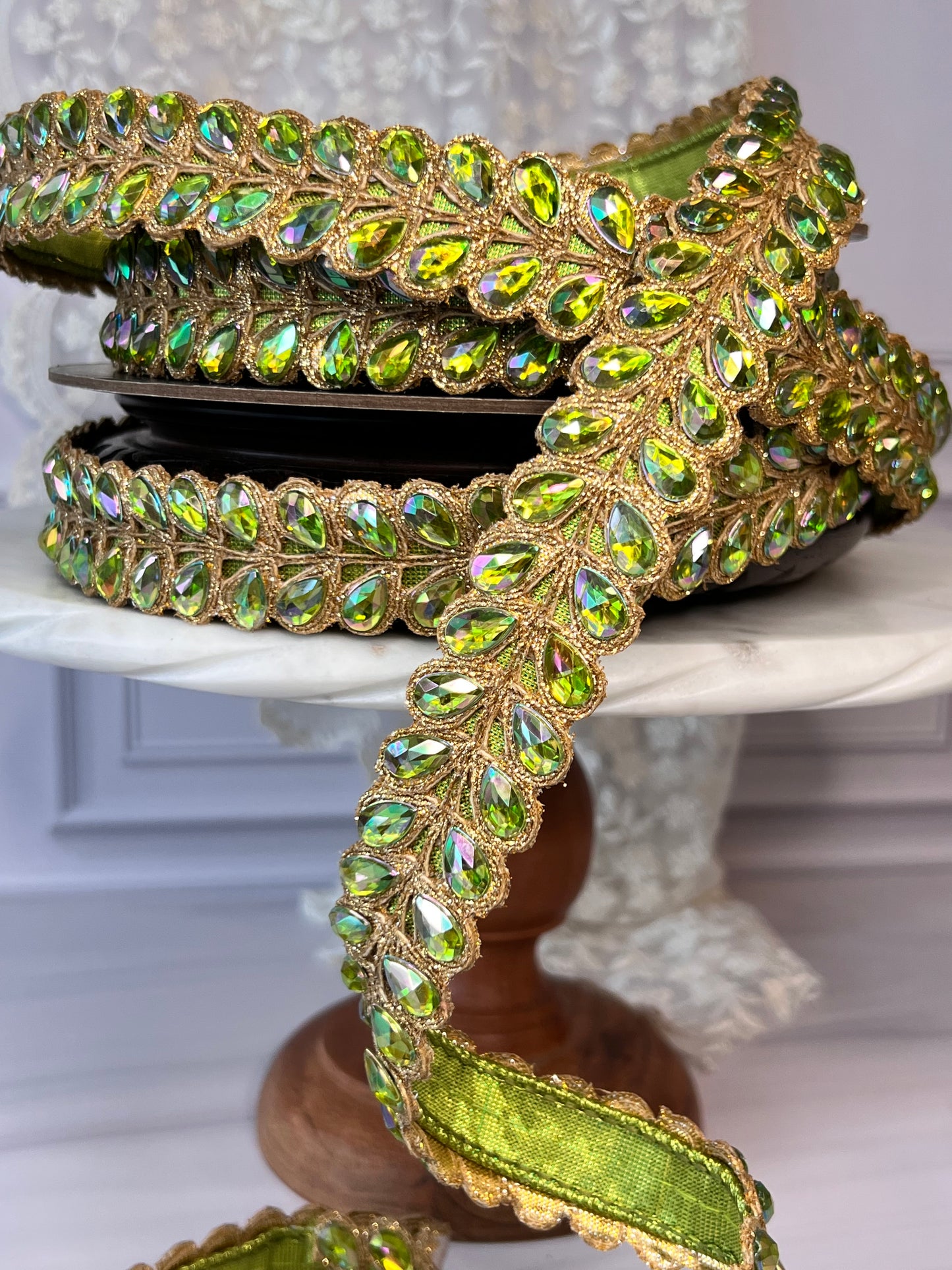 Lime aurora borealis jeweled wired ribbon with gold scalloped trim, 1 inch decorative ribbon roll
