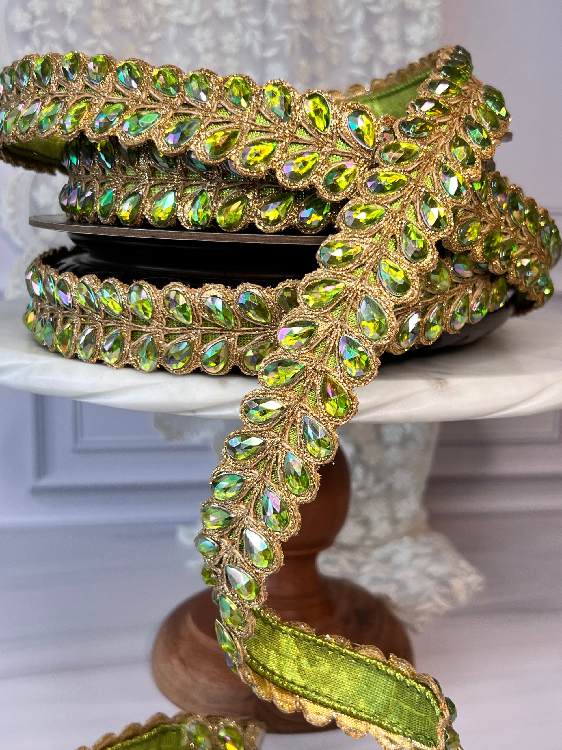 Lime aurora borealis jeweled wired ribbon with gold scalloped trim, 1 inch decorative ribbon roll
