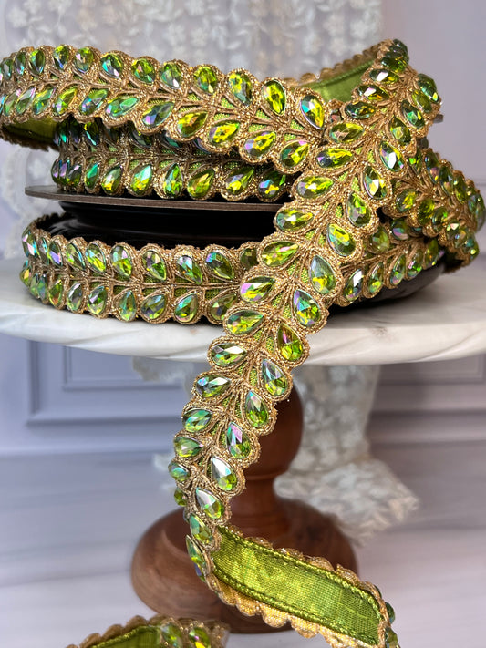 Lime aurora borealis jeweled wired ribbon with gold scalloped trim, 1 inch decorative ribbon roll
