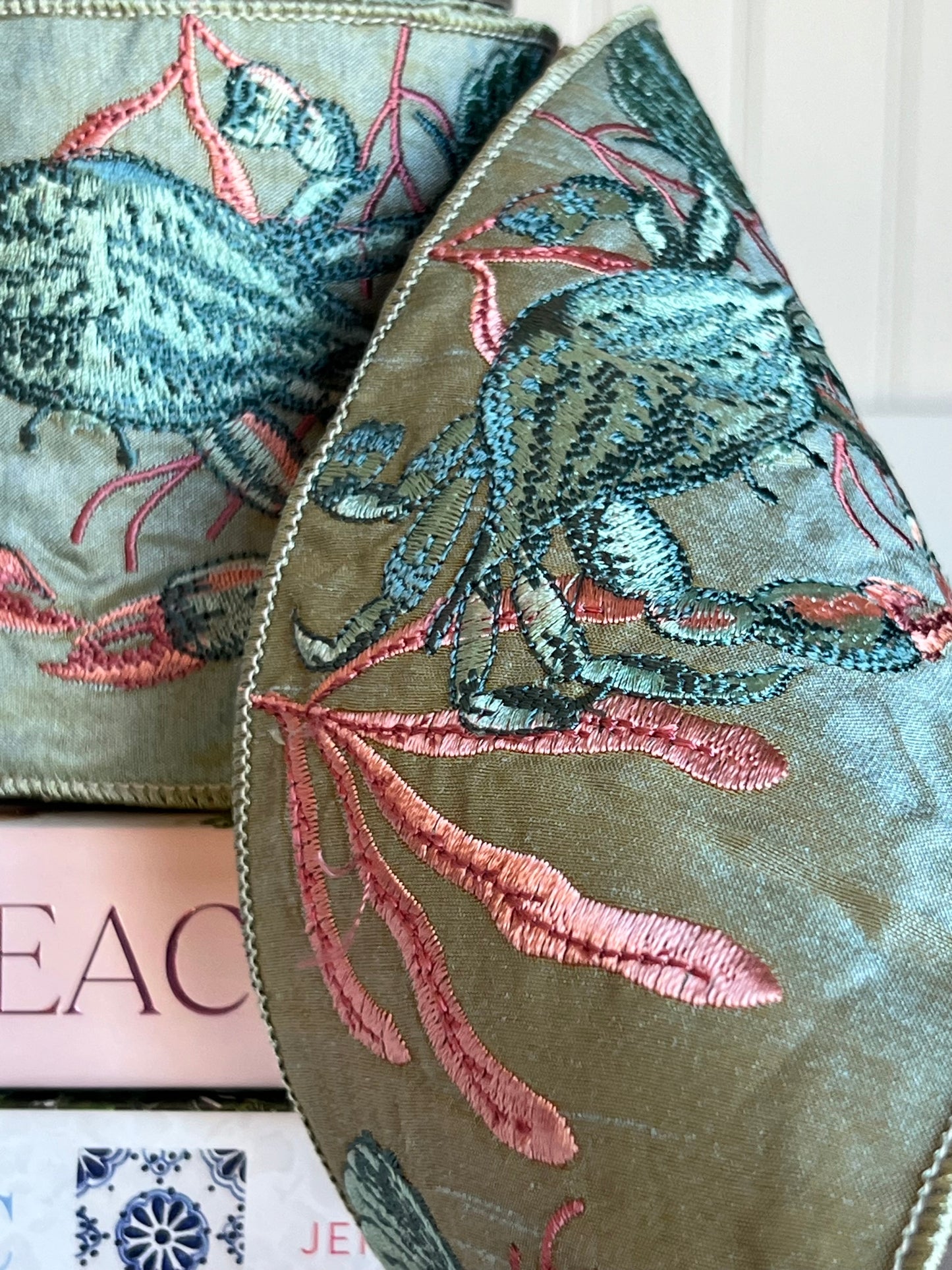 Celadon Coastal Crab Embroidered Dupioni Ribbon (4" x 5 Yards)