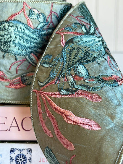 Celadon Coastal Crab Embroidered Dupioni Ribbon (4" x 5 Yards)