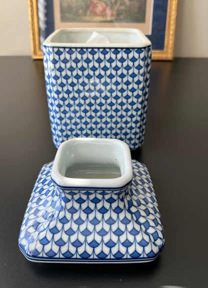 Blue & White Fish Scale Pattern Porcelain Tissue Box