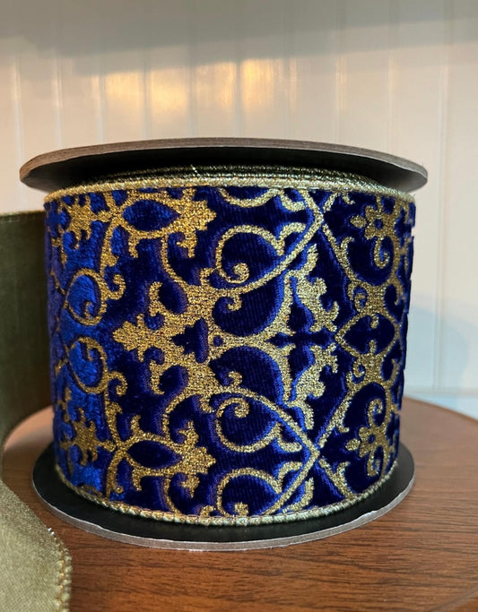Cobalt Royale Velvet Ribbon - Gold Glitter Scroll 4” x 10 yards