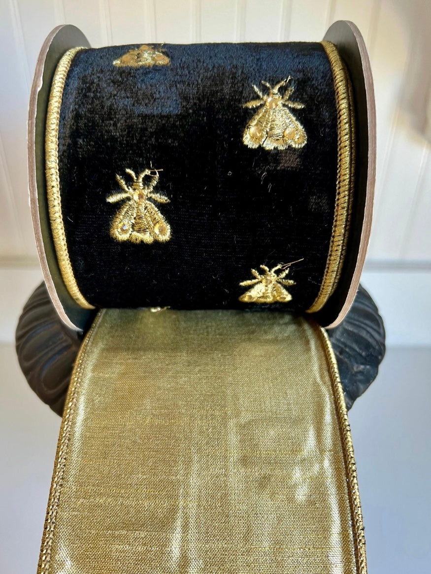 Napoleon Noir Velvet Ribbon- Gold Embroidered Bees 4" x 5 yards