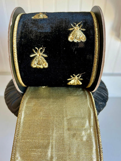 Napoleon Noir Velvet Ribbon- Gold Embroidered Bees 4" x 5 yards