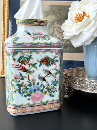 Rose Medallion Style Porcelain Tissue Box Cover - Chinoiserie Style