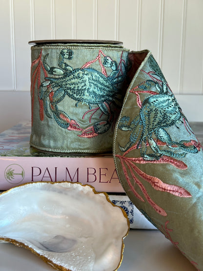 Celadon Coastal Crab Embroidered Dupioni Ribbon (4" x 5 Yards)