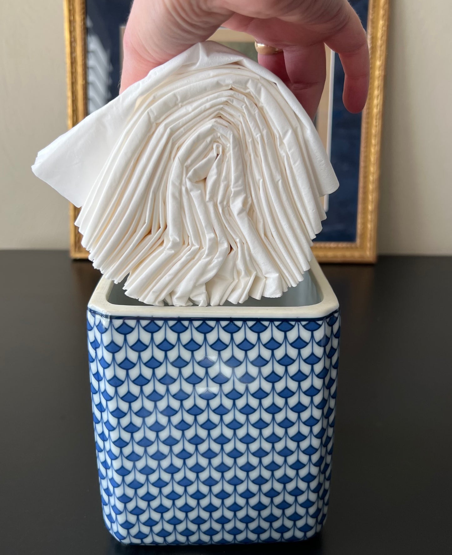 Blue & White Fish Scale Pattern Porcelain Tissue Box
