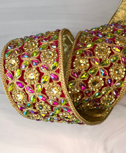 Jeweled Pink, Green & Gold Statement Ribbon – 3” x 5 Yards, Gold Backed