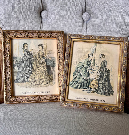 Vintage Godey’s Fashions 1872 Framed Prints Set of 2 | Victorian Fashion Miniatures | Ornate Gold Frames