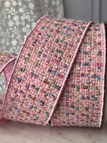 Pink Bouclé Sequin Confetti Ribbon – 2.5” x 10 Yards