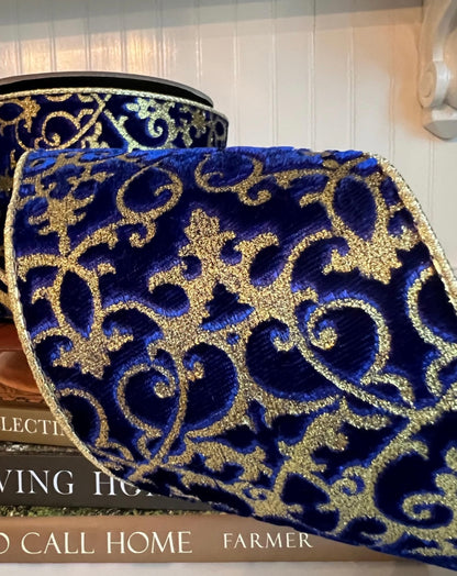 Cobalt Royale Velvet Ribbon - Gold Glitter Scroll 4” x 10 yards