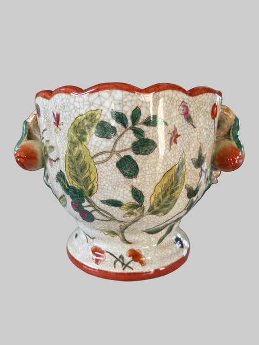 Canton Leaf Chinoiserie Planter – Antiqued Glaze, Crackle Appearance, Figural Fruit Handles