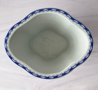 Large Blue & White Chinoiserie Porcelain Planter with Bird & Floral Motif