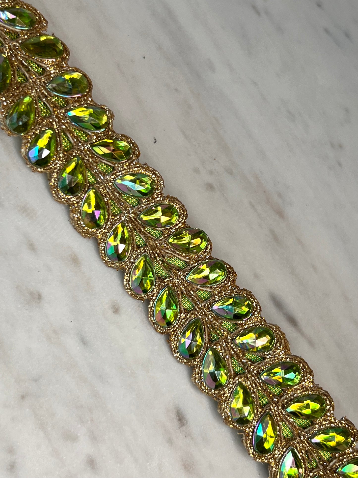 Aurora Borealis Jeweled Wired Ribbon – Lime Green & Gold Designer Trim, 1 Inch, 5 Yards