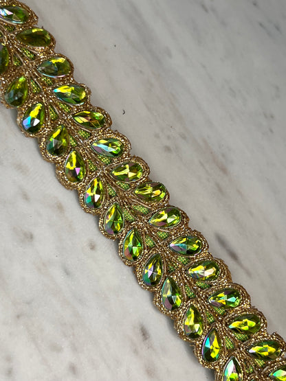Aurora Borealis Jeweled Wired Ribbon – Lime Green & Gold Designer Trim, 1 Inch, 5 Yards