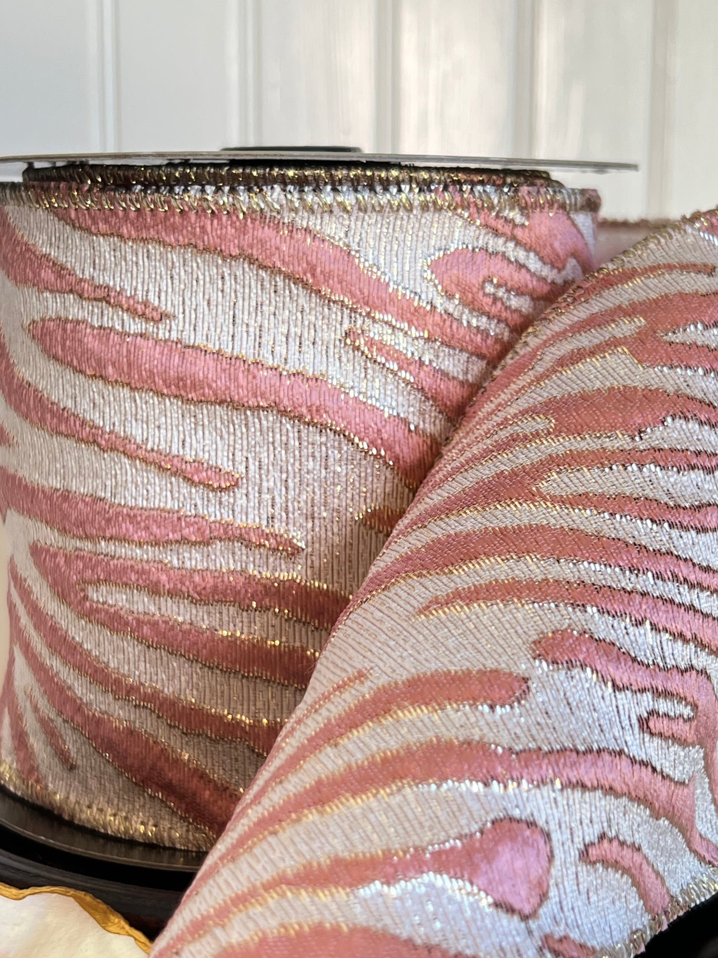Gilded Safari Stripe Ribbon Rose Pink & Champagne Gold, 4" x 10 Yards
