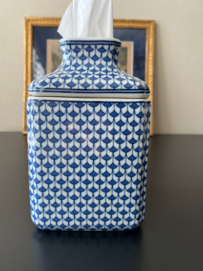 Blue & White Fish Scale Pattern Porcelain Tissue Box