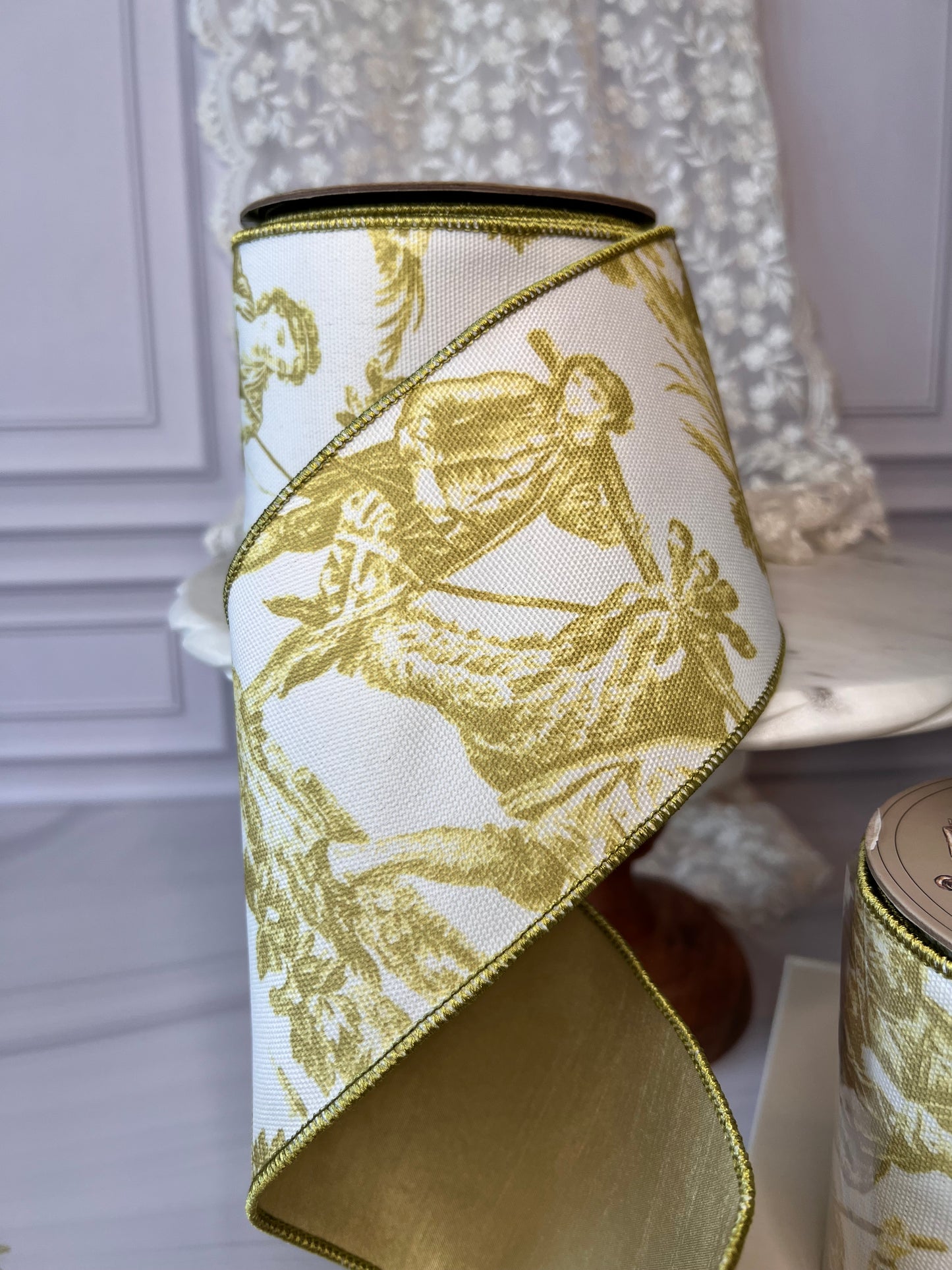 Apple Green Garden Toile Wired Ribbon – 4” Scenic Ribbon, 10 Yard Roll