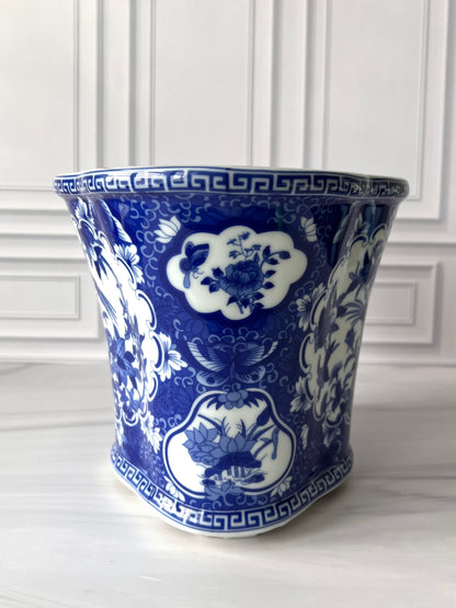 Large Blue & White Chinoiserie Porcelain Planter with Bird & Floral Motif