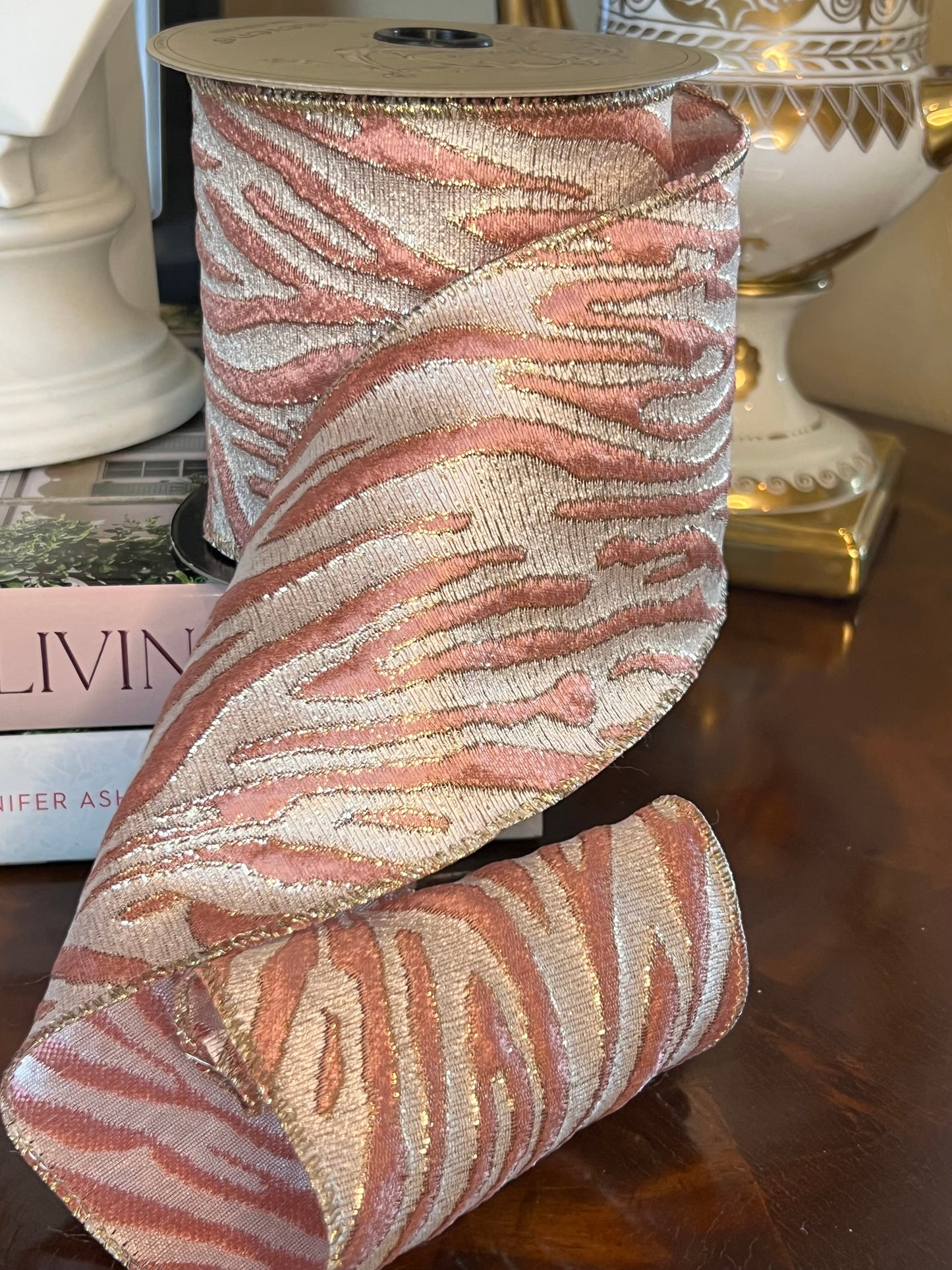 Gilded Safari Stripe Ribbon Rose Pink & Champagne Gold, 4" x 10 Yards