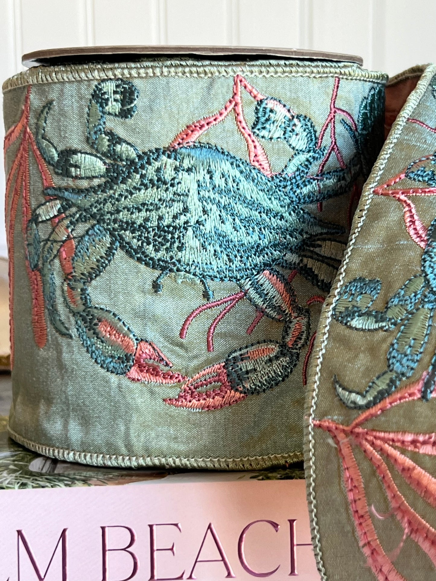 Celadon Coastal Crab Embroidered Dupioni Ribbon (4" x 5 Yards)