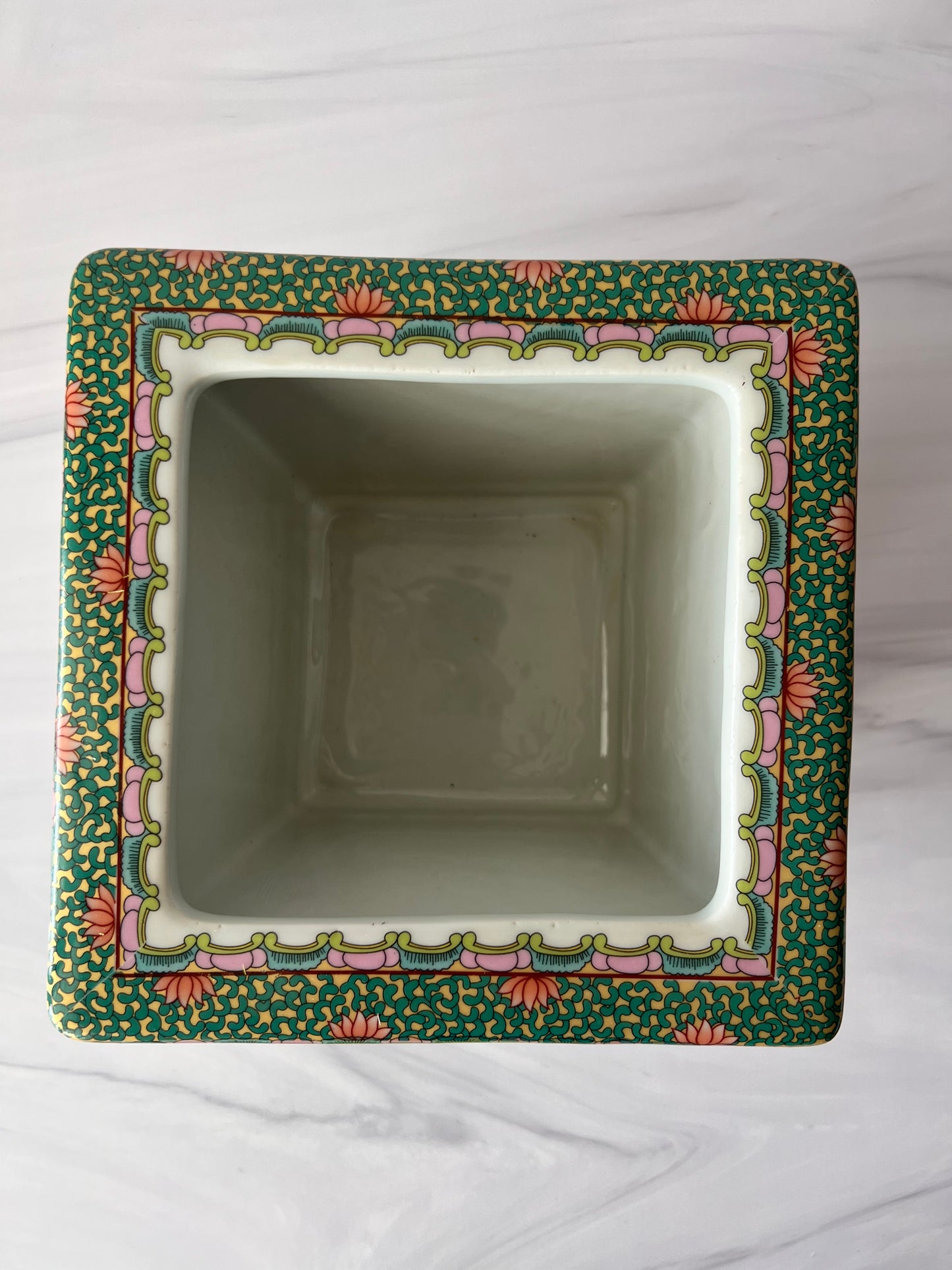Rose Medallion Style Porcelain Planter | Square Cachepot 7.5”