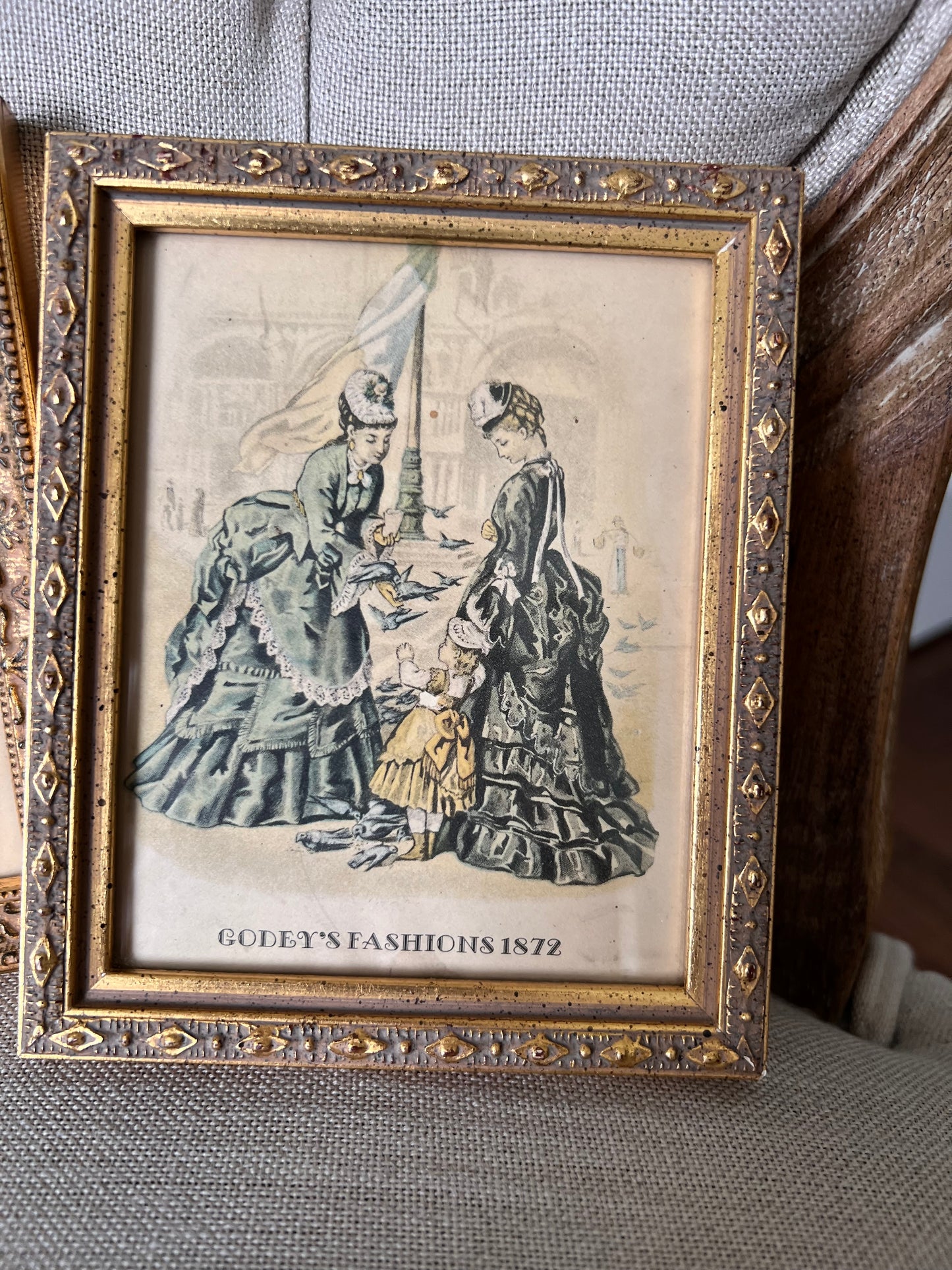 Vintage Godey’s Fashions 1872 Framed Prints Set of 2 | Victorian Fashion Miniatures | Ornate Gold Frames