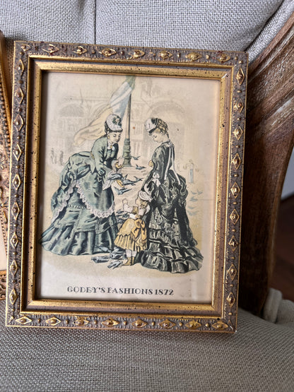 Vintage Godey’s Fashions 1872 Framed Prints Set of 2 | Victorian Fashion Miniatures | Ornate Gold Frames