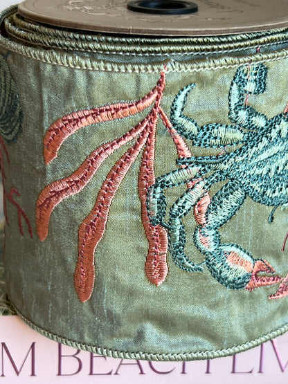 Celadon Coastal Crab Embroidered Dupioni Ribbon (4" x 5 Yards)