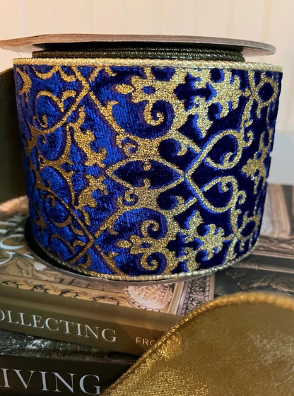 Cobalt Royale Velvet Ribbon - Gold Glitter Scroll 4” x 10 yards