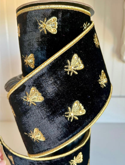 Napoleon Noir Velvet Ribbon- Gold Embroidered Bees 4" x 5 yards